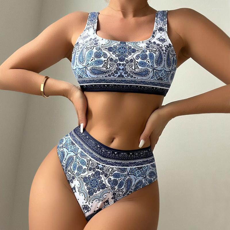 

Women' Swimwear Women Two-Piece Swimsuit Push Up Suit Bath 2023 Tankini Bikini Sexy High Waist Print Polyester Two Piece For Rash, Blue