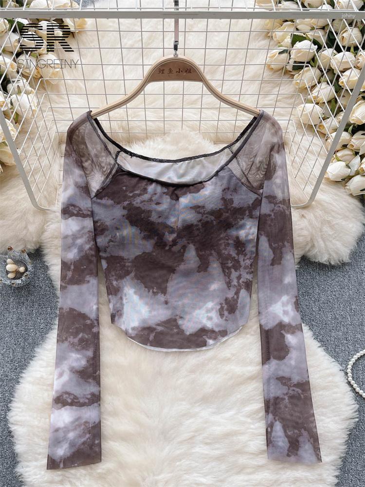 

Women's Blouses SINGREINY Thin Slim Print Blouse Summer Fashion 2023 Off Shoulder Long Sleeve Elegant Female Y2K Casual Sexy Shirt, Brown