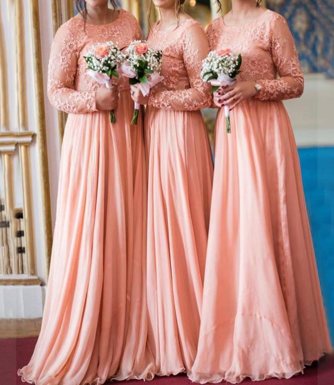 

2020 Modest Coral Long Sleeves Lace Long Bridesmaid Dresses Plus Size Chiffon Ruched Muslim Maid of Honor Wedding Guest Gowns BM196384255