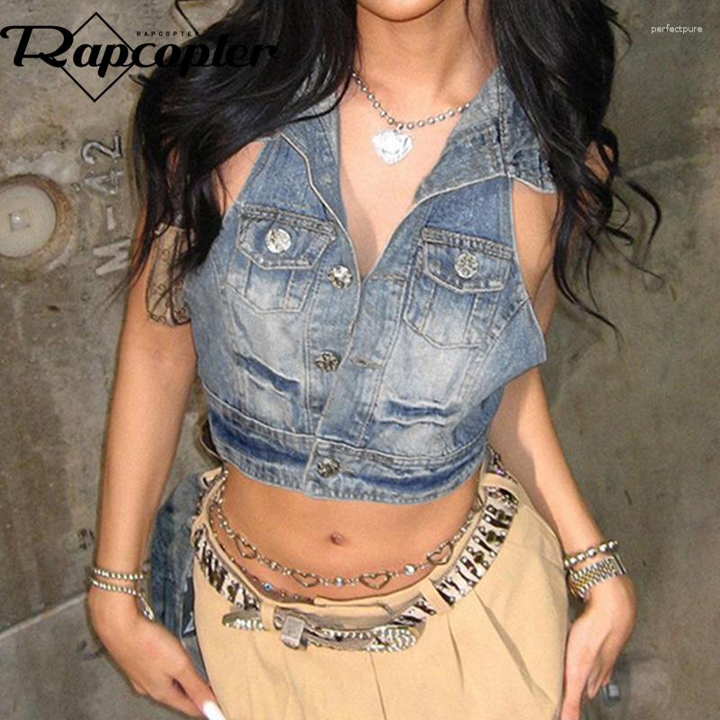 

Women' Tanks Rapcopter Vintage Tie Dye Tank Tops Button Pockets Distressed Denim Cargo Sweats Streetwear Aesthetic Mini Vest Summer Korean, Blue