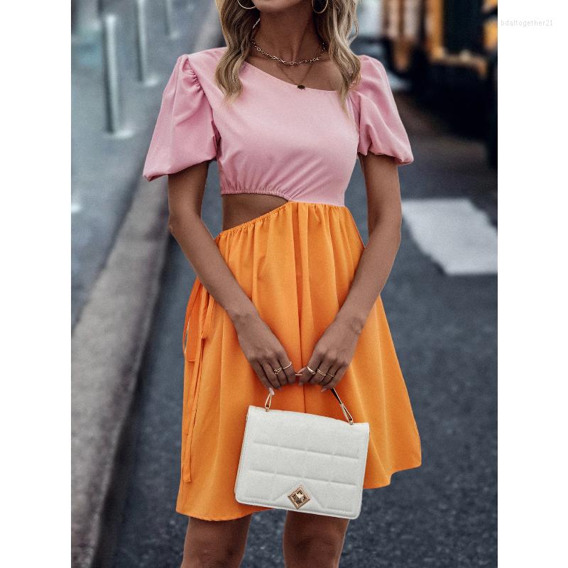 

Casual Dresses Summer Dress Patchwork Hollow Out Vintage Clothes For Woman Mini Puff Sleeve High Waist Boho Sundress Holiday Outfits, Yellow