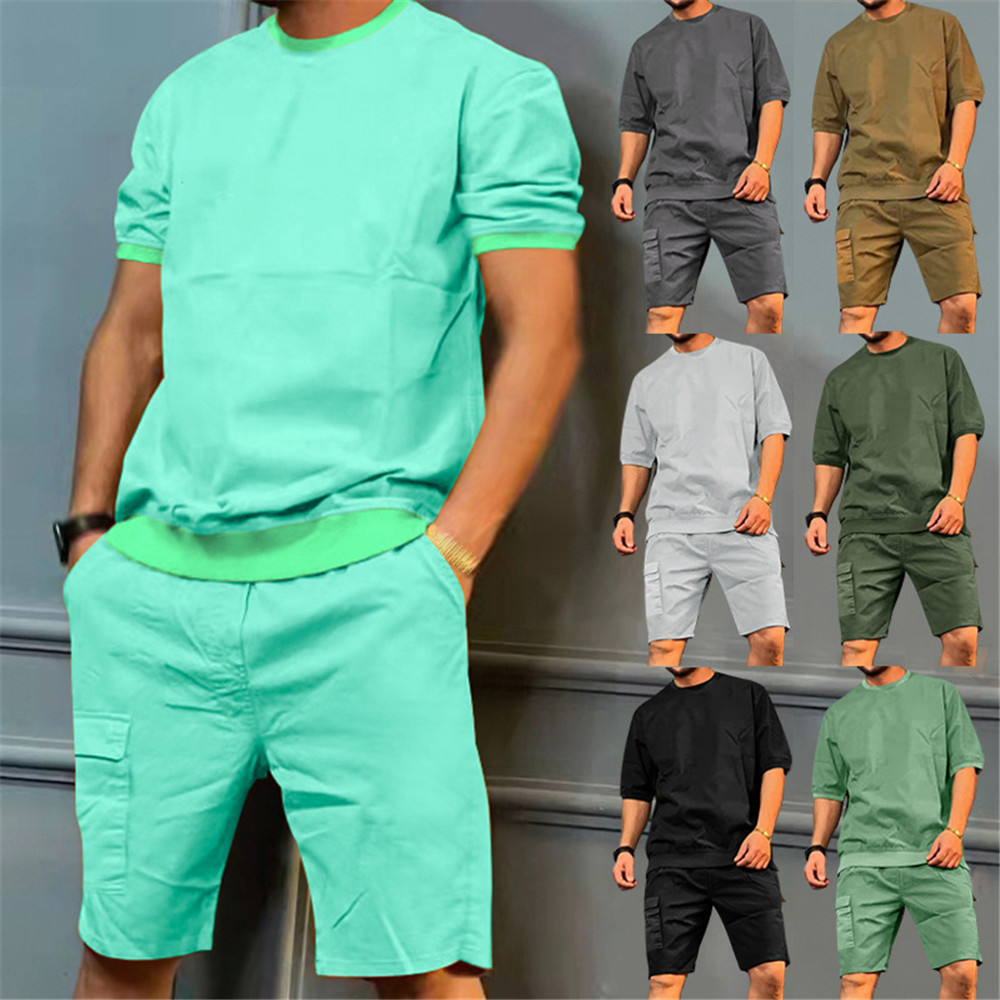 

2023 Design Brand Men's Tracksuits M-3XL Elastic Solid O-neck Patchwork T-shirt Shorts Summer Y2k Casual Sports Suit Two Piece Sets Outfits Wholesale Bulk Clothes 8129, Mix color