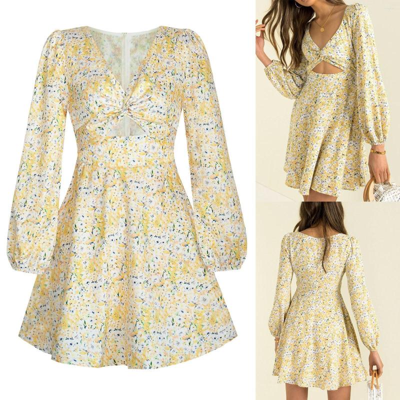 

Casual Dresses Women's V Neck Long Sleeved Dress Fashion Floral, Yellow