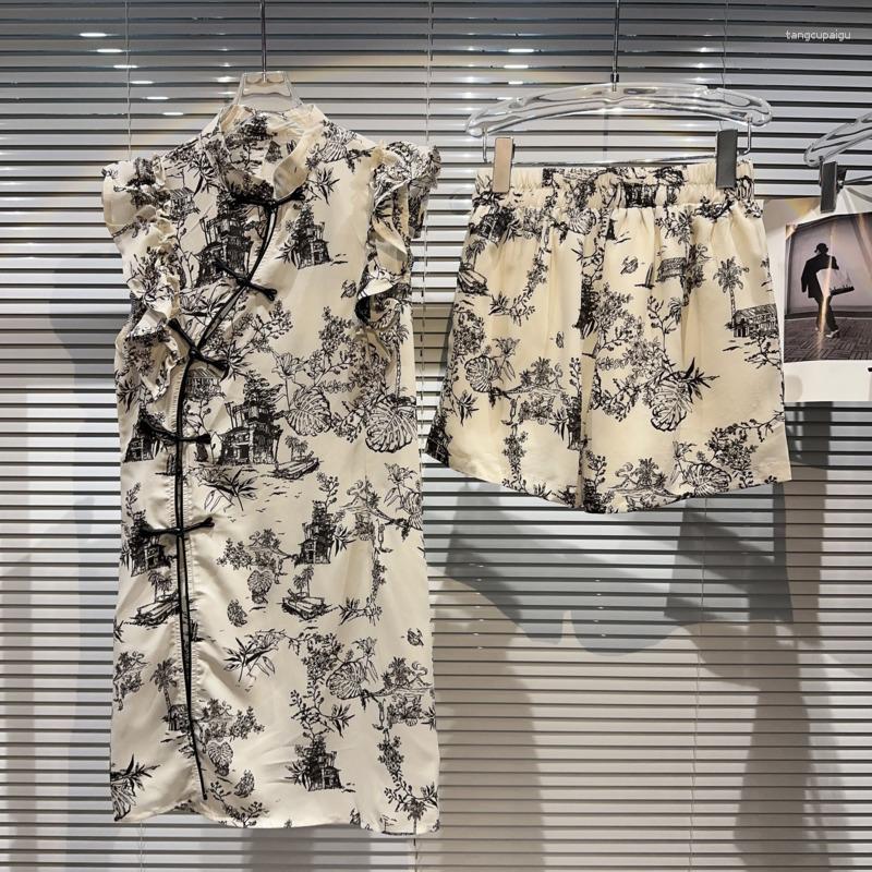 

Women' Tracksuits BORVEMAYS Summer Stand Collar Single-breasted Ruffles Printing Elegant Dress Stretch High Waist Shorts Two-piece Sets, Creamy-white