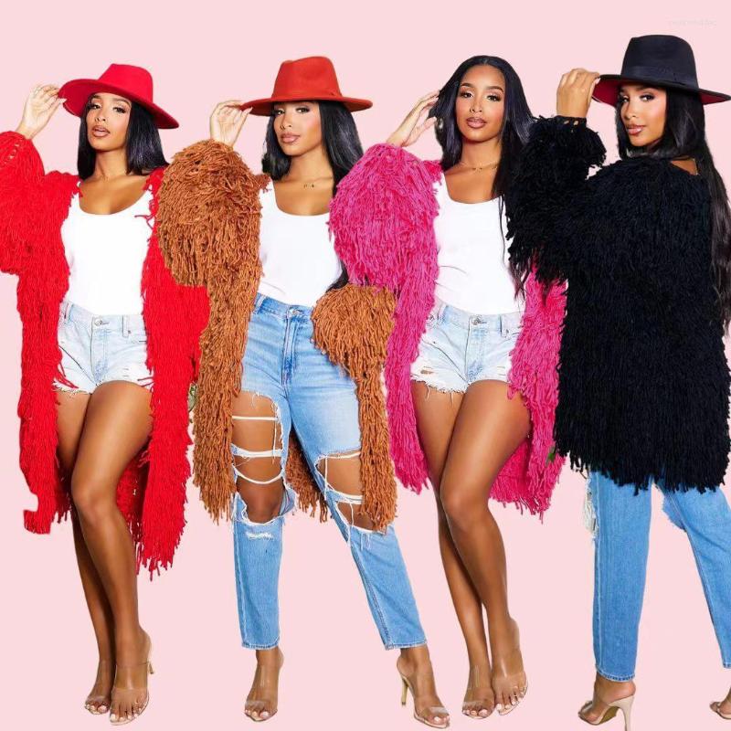 

Women's Trench Coats Fringe Tassel 2023 Women Luxury Clothes Elegant Knit Long Jackets Cardigans Knitwears Winter Knitted Cardigan Sweater, Fuchsia