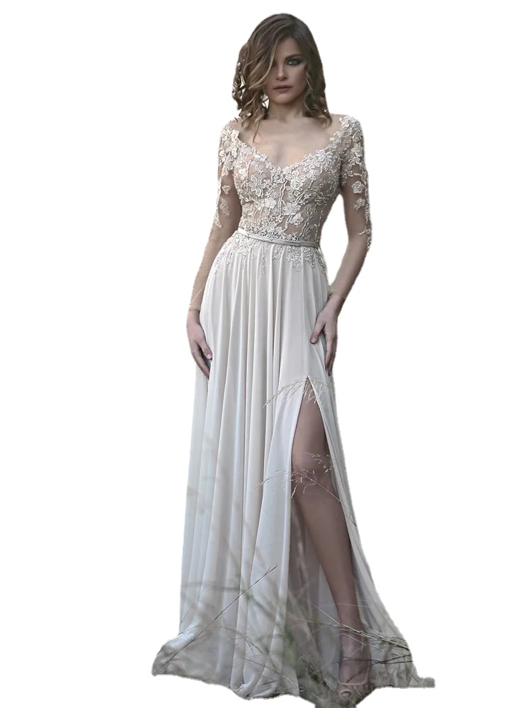 

Fashion A Line Long Sleeves Evening Dresses Beaded V Neck Plus Size Side Split Prom Gowns Floor Length Chiffon Appliqued Formal Dress, Light sky blue