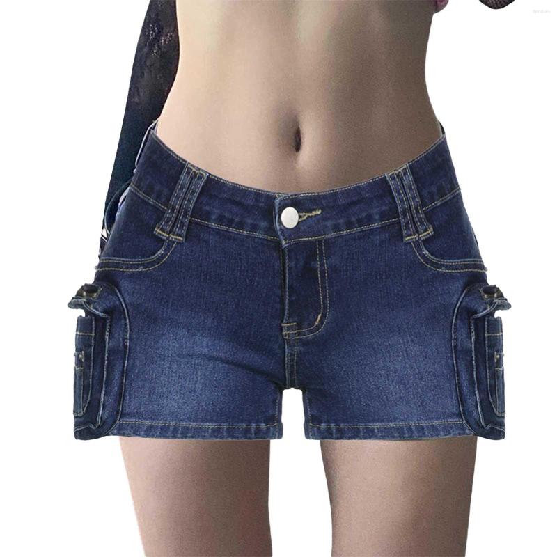 

Women' Jeans American Street Washing Deep Blue Stand Pocket Stitching Low Waist Tight Girl Fried Pants Super Short