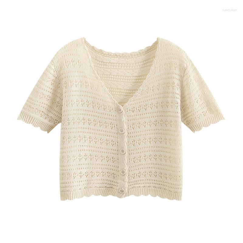 

Women's Knits 2023 Summer Beige Short Sleeve Knitted Blouse Tops Women Y2k Wave Cut Hollow Out Hole T Shirts Party Casual Single Breasted