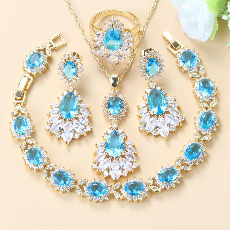 

Necklace Earrings Set Unique Sky Blue Zircon White Crystal 6-Colors Big For Women Wedding Costume Yellow Gold Color Four-Piece Suit, Picture shown