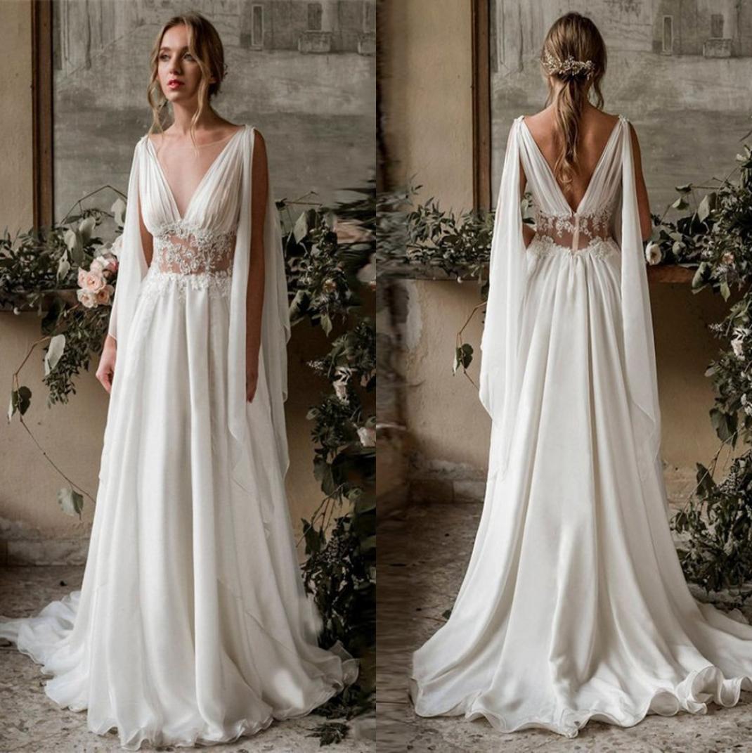 

Sexy Deep V neck See Through Waist Wedding Dress Applique Beaded Flowing Shawl Chiffon Ruched Wedding Dresses Bridal Gowns5164094, Gold