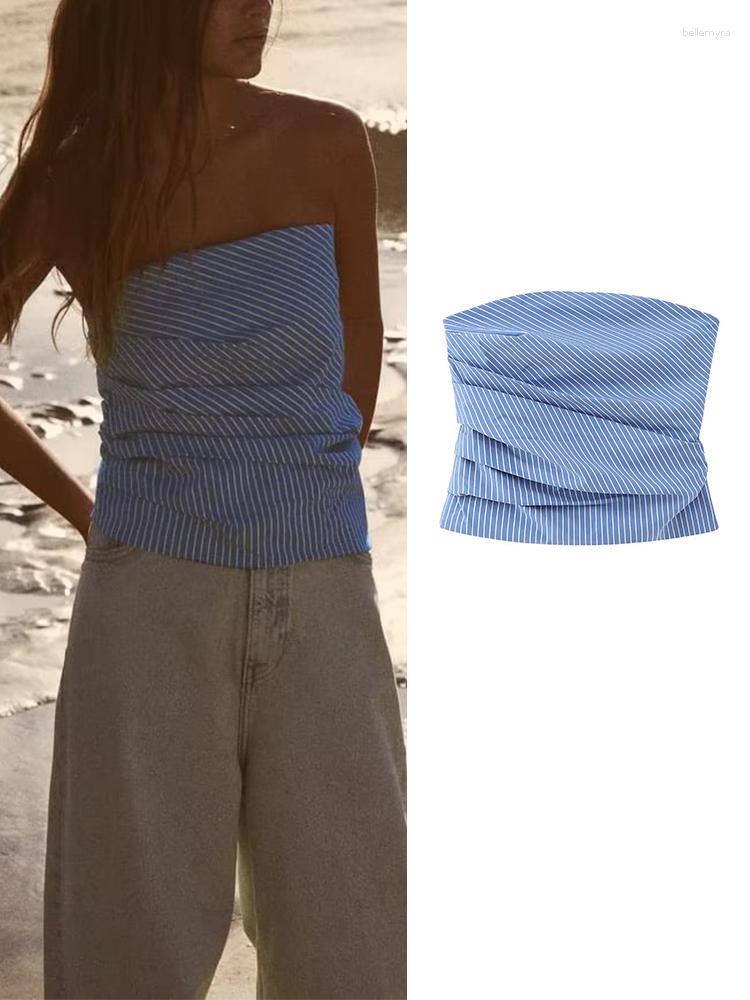 

Women's Tanks Striped Tube Top Women Ruched Corset Sexy Backless Sleeveless Crop Tops 2023 Summer Streetwear Blue