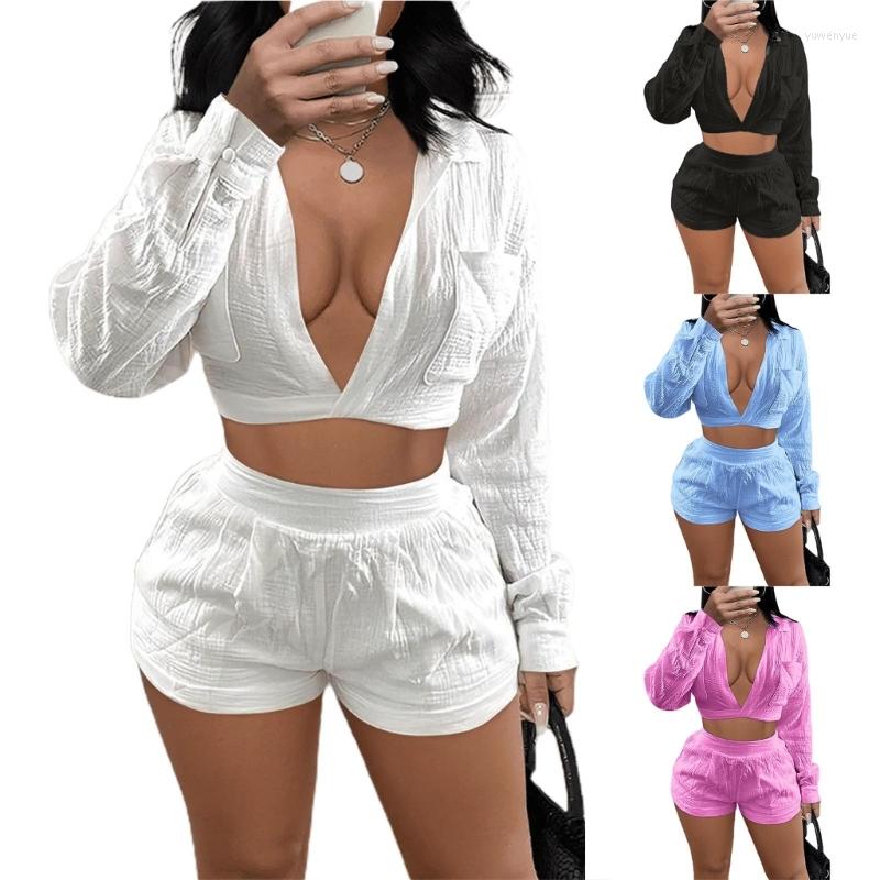 

Women' Two Piece Pants Fashion Womens Sweat Outfit Set Thin Long Sleeve Top And Shorts, White