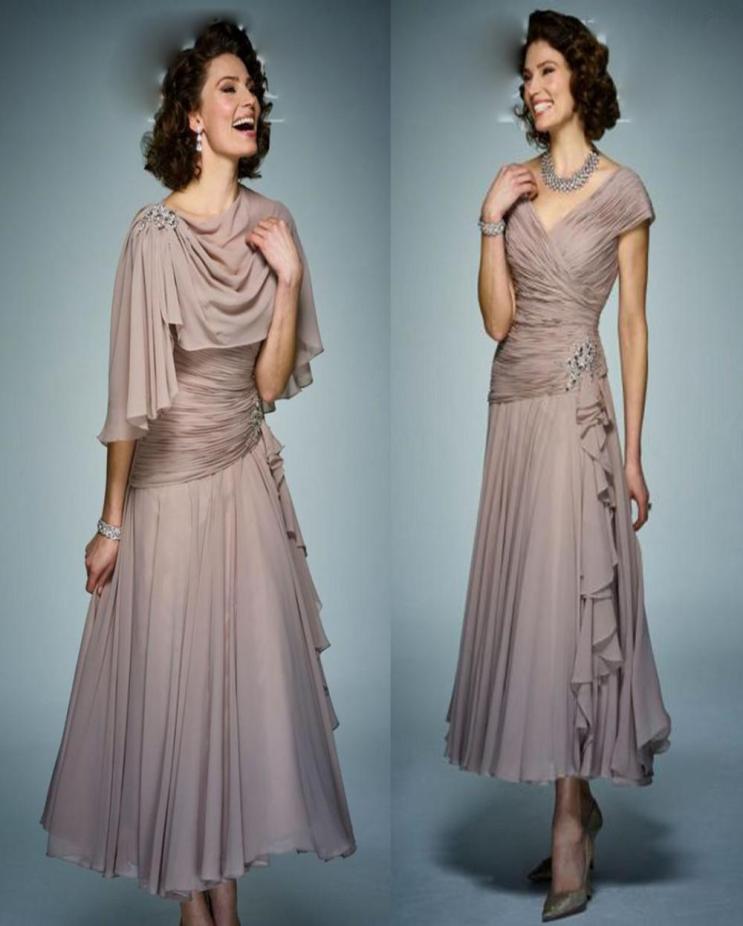

Elegant Chiffon A Line Mother of the Bride Dresses V Neck Lace Beaded Evening Gowns Capped Sleeve Tea Length Wedding Guest Dress2158557