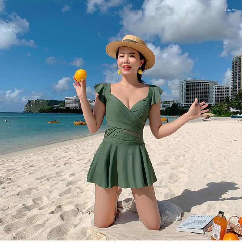 

Women's Swimwear 2023 South Korea One Piece Swimsuit Rowing Push-up Sexy Bikini Cape Ruffles, Green
