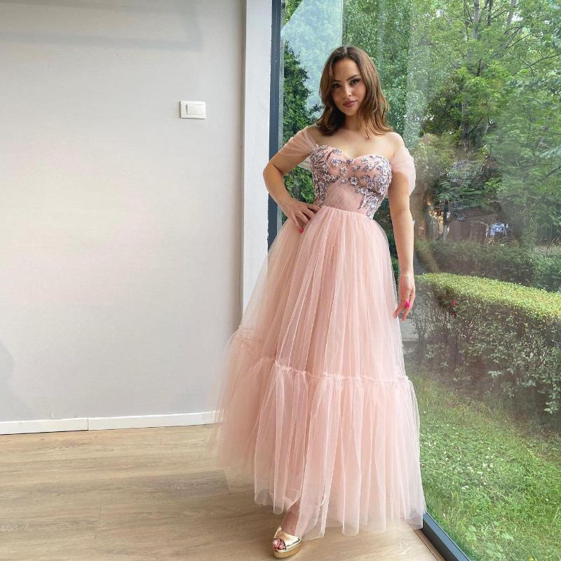 

Party Dresses Sweet Pretty Homecoming Dress Cap Sleeves Appliques Tulle A-line Ankle Length Women Prom Evening Graduation Gowns Custom Made, Gold