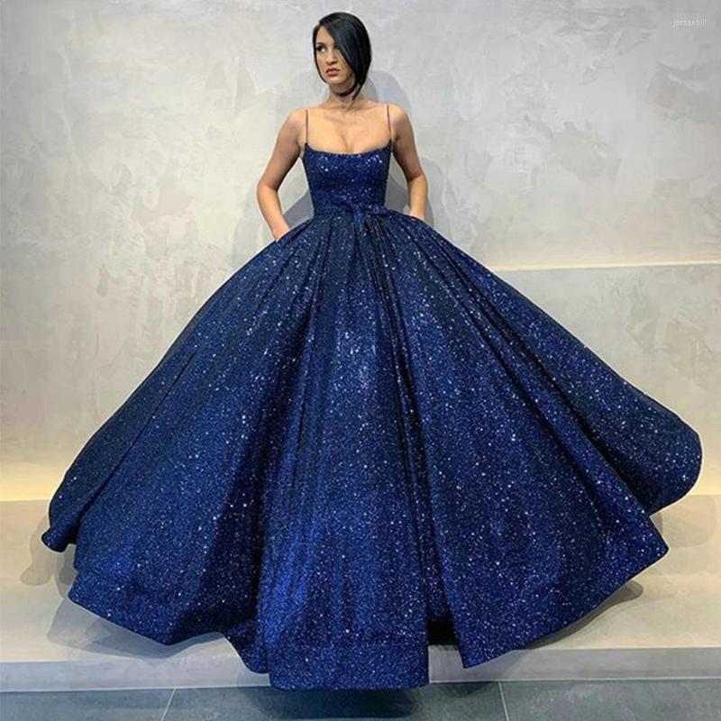 

Party Dresses Glittery Royal Blue Prom Long Fashion 2023 Spaghetti Strap Pockets Evening Gown Arabic Dubai Lace-up Robe Vestido, Gray