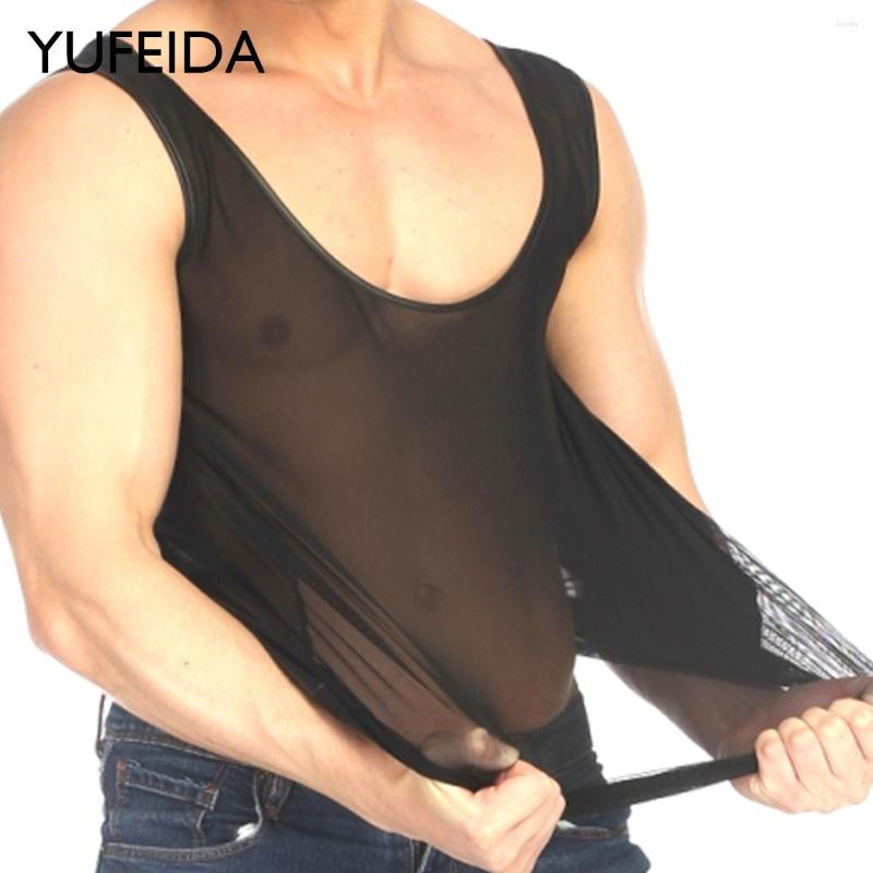 

Men's Tank Tops YUFEIDA Mesh Sheer Sexy Men Sleepwear Man See Through Gym Muscle Vest Sleeveless Tees Underwear Male Vests Transparent, Black