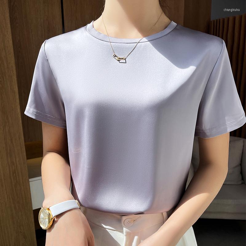 

Women's T Shirts Summer Satin Short-Sleeved T-Shirt Female French Loose V-Neck Acetic Acid With Mulberry Silk Temperament Vintage Top, Black