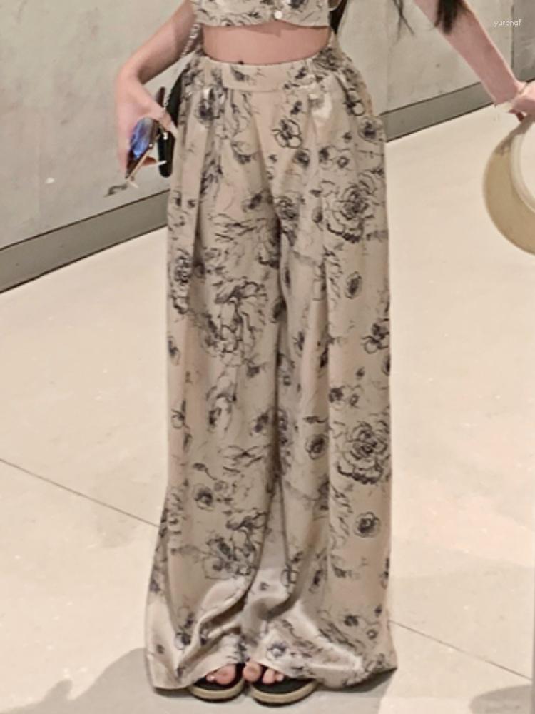 

Women's Pants Floral Print Wide Leg Women Chiffon France Style Vintage Baggy Female High Wais Fashion Elegant 2023 Summer, Beige
