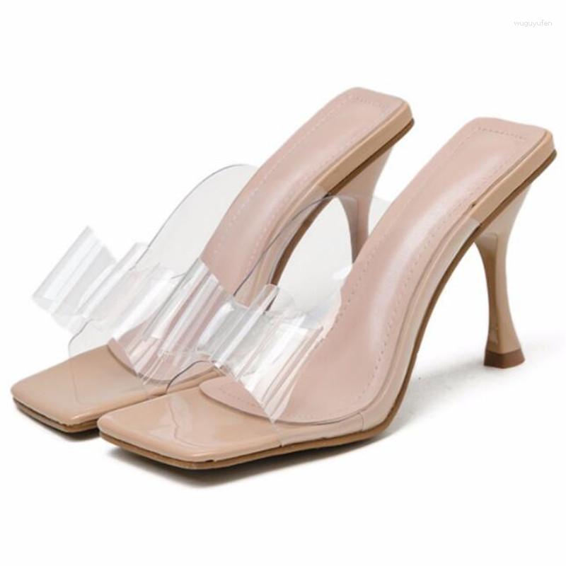 

Sandals Women Thin High Heels Chaussures Femme Square Toe PVC 9CM Slip On Sandalias Mujer 2023 Shoes Size 35-42, Black