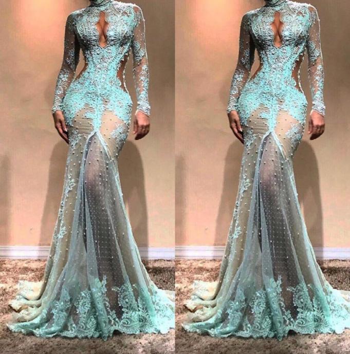 

High Neck Luxury Full Lace Pearls Mermaid Evening Dresses Dubai See Through illusion High Split Formal Prom Cutaway Side Celebrity1052496, White