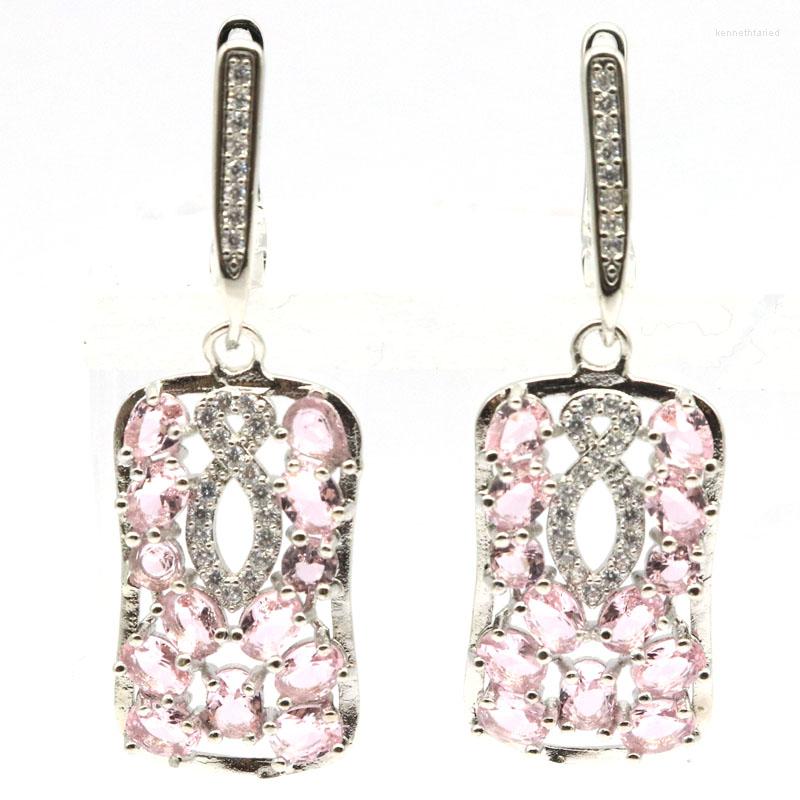 

Dangle Earrings 38x14mm Statement Pink Morganite London Blue Topaz White CZ Daily Wear Silver
