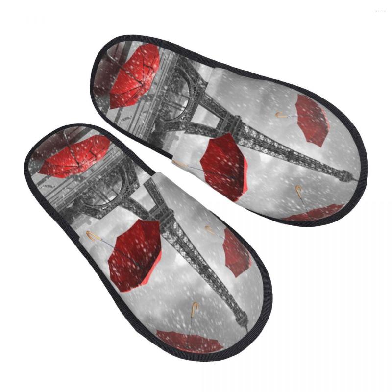 

Slippers Men Women Plush Indoor Rainy Day Eiffel Tower With Flying Umbrellas Warm Soft Shoes Home Footwear Autumn Winter 2023, Black