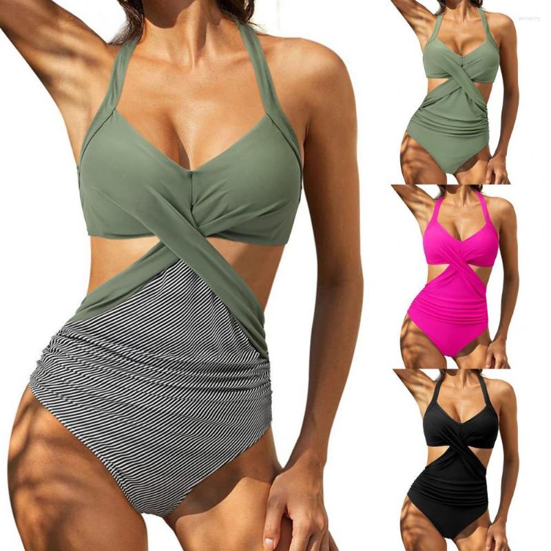 

Women's Swimwear Monokini Backless Halter Neck Sleeveless Cross Summer Women Swimsuit For Holiday, Black