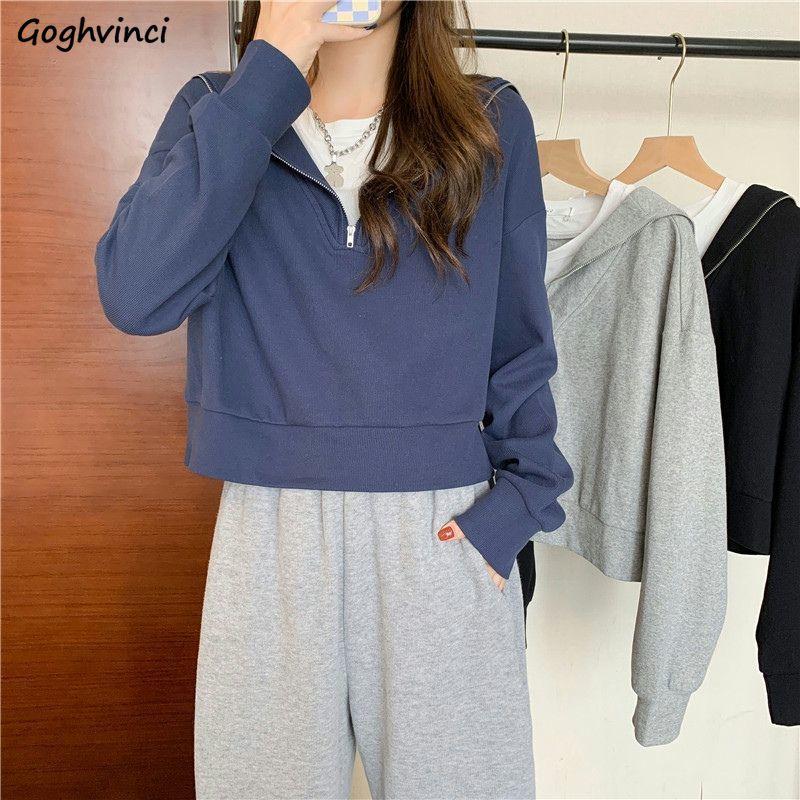

Women's Hoodies Crop Sweatshirts Women Korean Zipper Y2k Sailor Collar Harajuku Leisure Ins Prevalent Kpop Pure Color Students Spring Chic, 270 white
