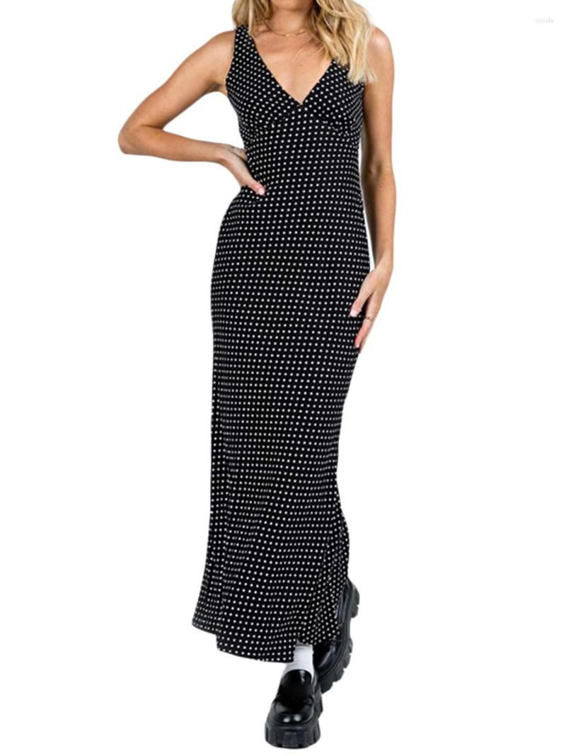 

Casual Dresses Summer Slim Office Lady Long Dress Women Boho Dot Print Sleeveless V-Neck Bodycon Vintage Aesthetic Party, Black