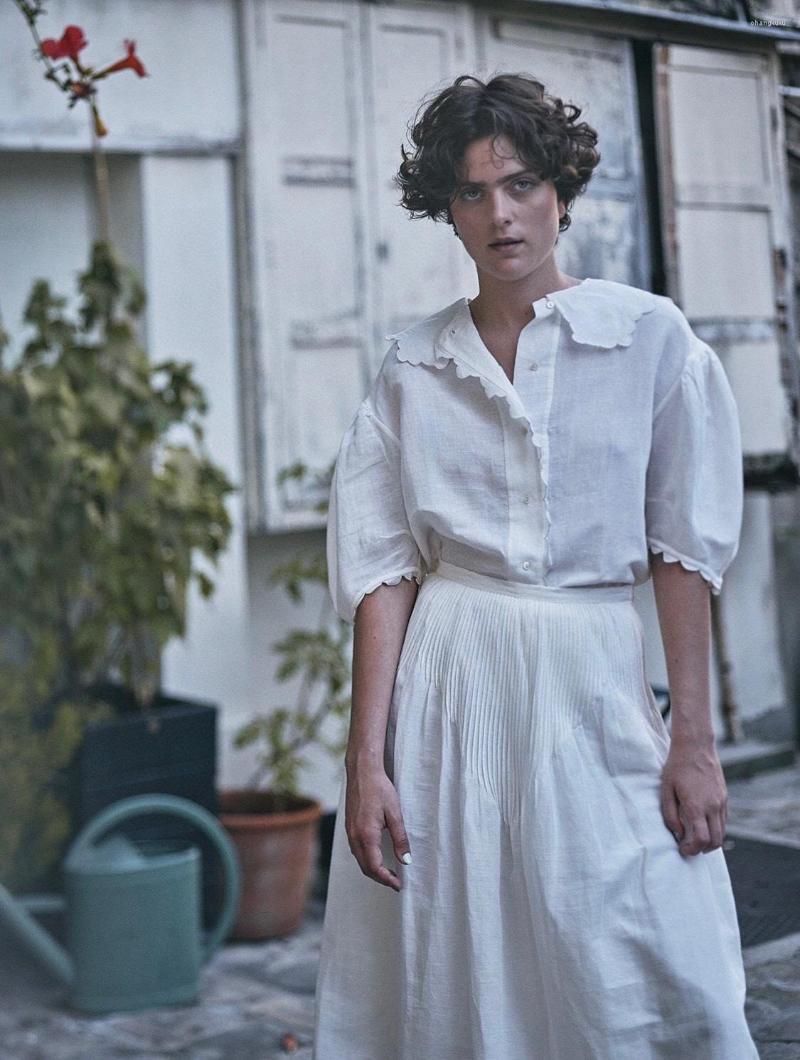 

Skirts Women Doll Collar Short Lantern Sleeve Embroidery Edge White Cotton Linen Shirt Top High Waist A-line Long Set