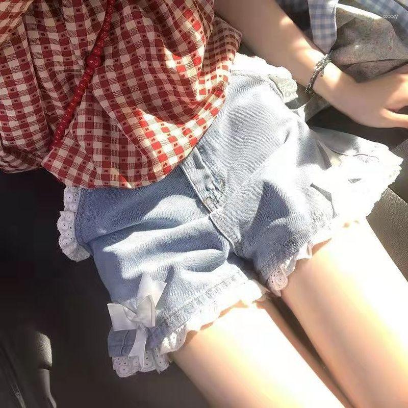 

Women' Shorts Blue Vintage Bow Lace Short Jeans Women Harajuku Kawaii Y2k High Waist Pants Casual Aesthetic Alternative Clothes Korean