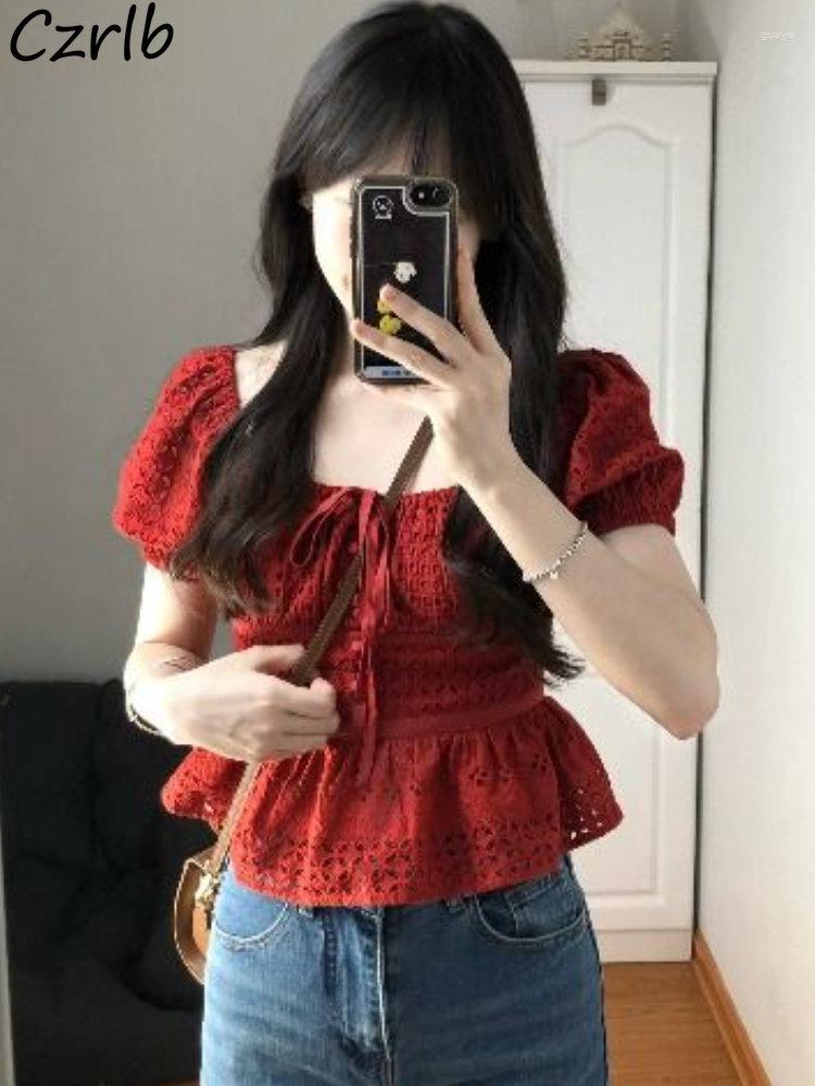 

Women' Blouses Red Puff Sleeve Women Hollow Out Sweet Elegant Summer Daily Streetwear Party Square Collar Fashion Schoolgirls Ins