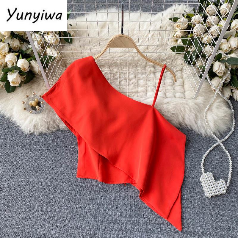 

Women's Tanks Women Design Irregular Strap Camis Fashion Sexy One-Shoulder Slim Party Tops Summer Korean Off Shoulder Short 150, Black