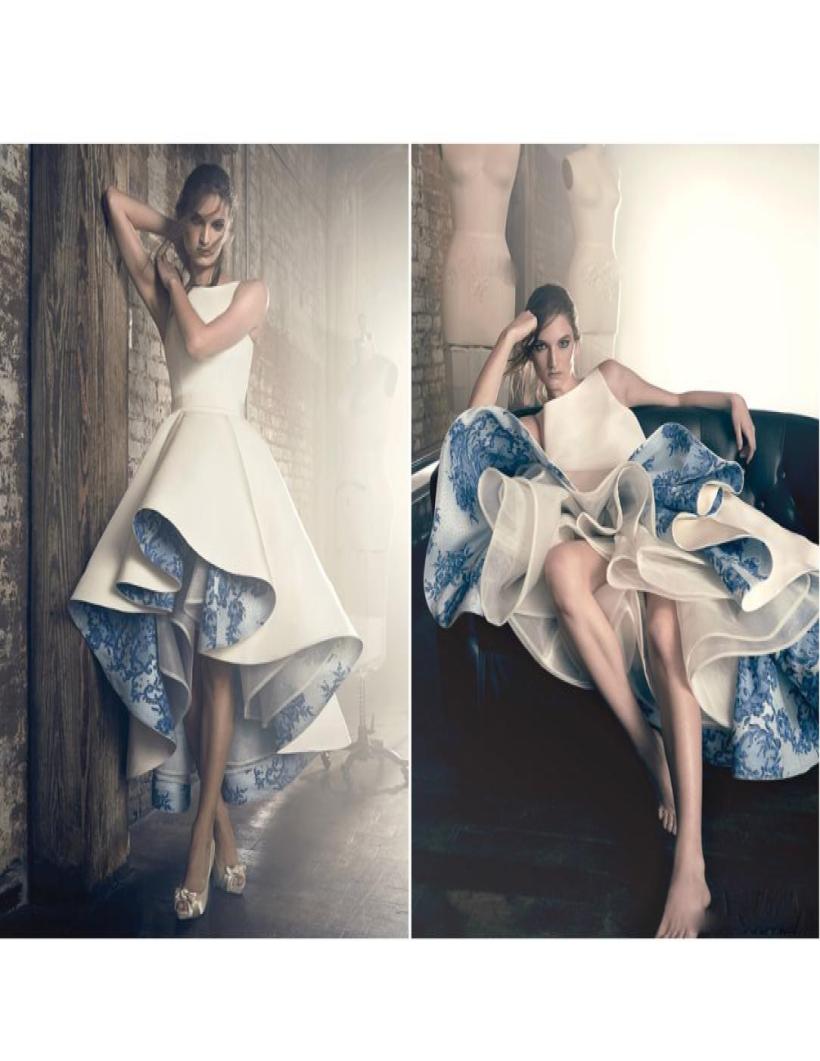 

1950039s Vintage High Low White Prom Dresses with Blue Porcelain Appliques Lace Lining Evening Gowns Oneck Pleated Formal Part9080271, Daffodil