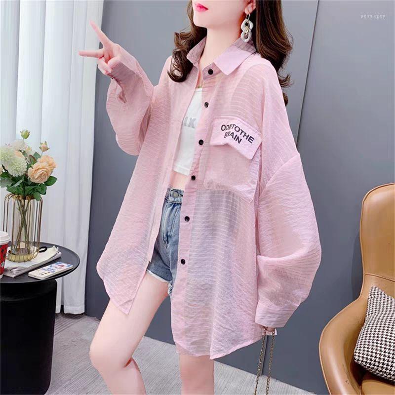

Women's Blouses Designers Long Sleeve Shirt Women Cardigan Summer Blouse Sun Protection Button Korean Fashion Tops Casual Loose, Pink