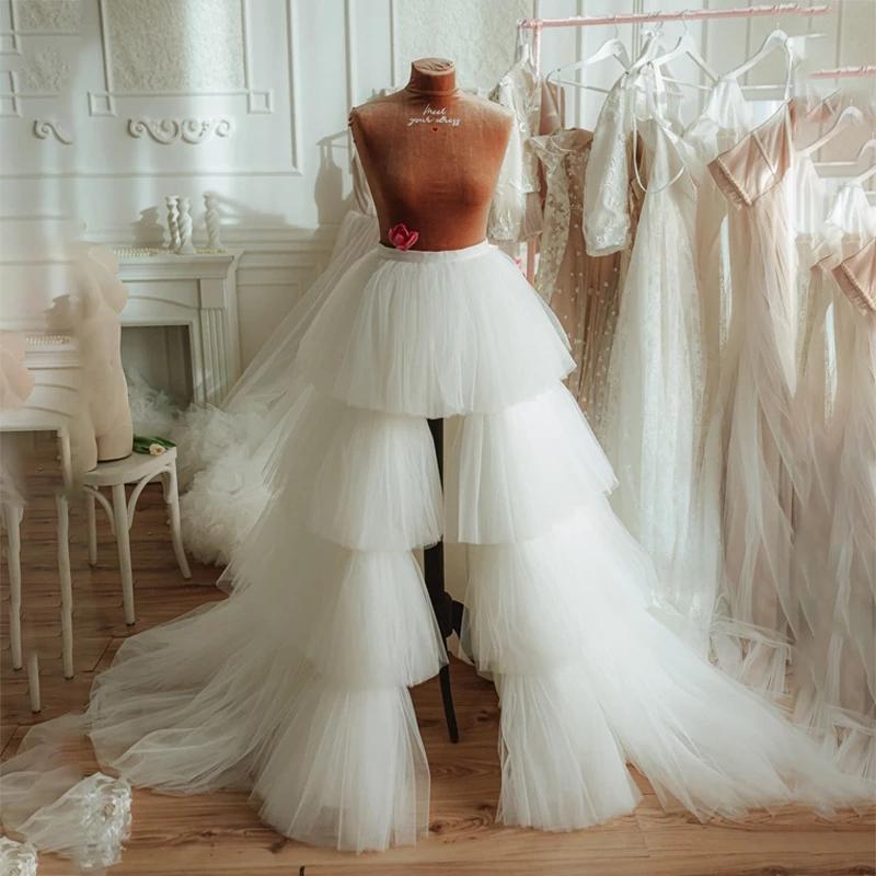 

Dresses Ivory Layered Tulle Wedding Skirt High Low Tiered Tutu Women Maxi Skirts Long Prom Detachable Skirt Elastic Waist Overskirts