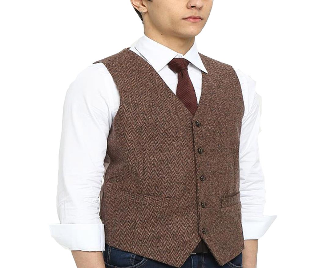 

Airtailors Men039s Wool Herringbone Tweed Vintage Wedding Vest Brown6856255, Black