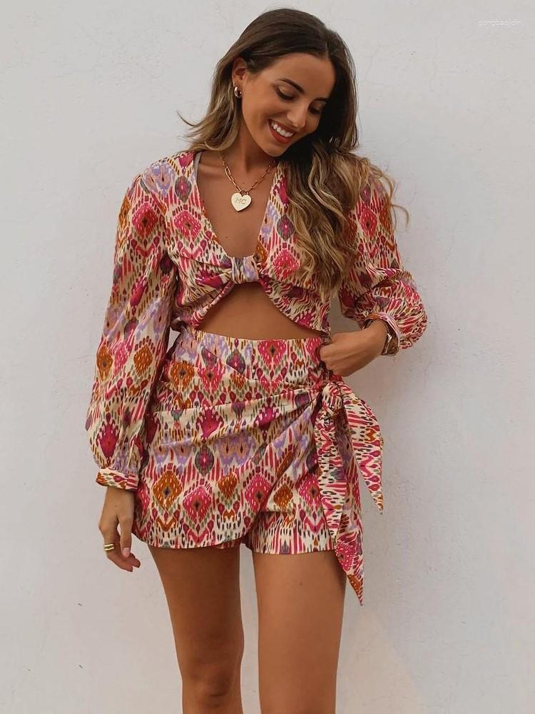 

Work Dresses Printed 2 Piece Skirt Set Women Y2K Sexy V Neck Long Sleeve Crop Top Suit 2023 Summer Party Club Beach Outfits Wholesale