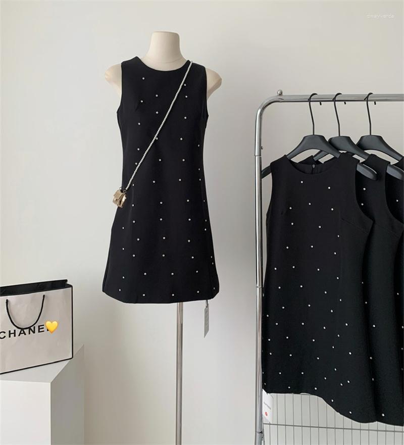 

Casual Dresses Premium Simple Black Beaded Diamond Dress Women' Summer Light Luxury Fashion Korean Chic One Piece Dating Short
