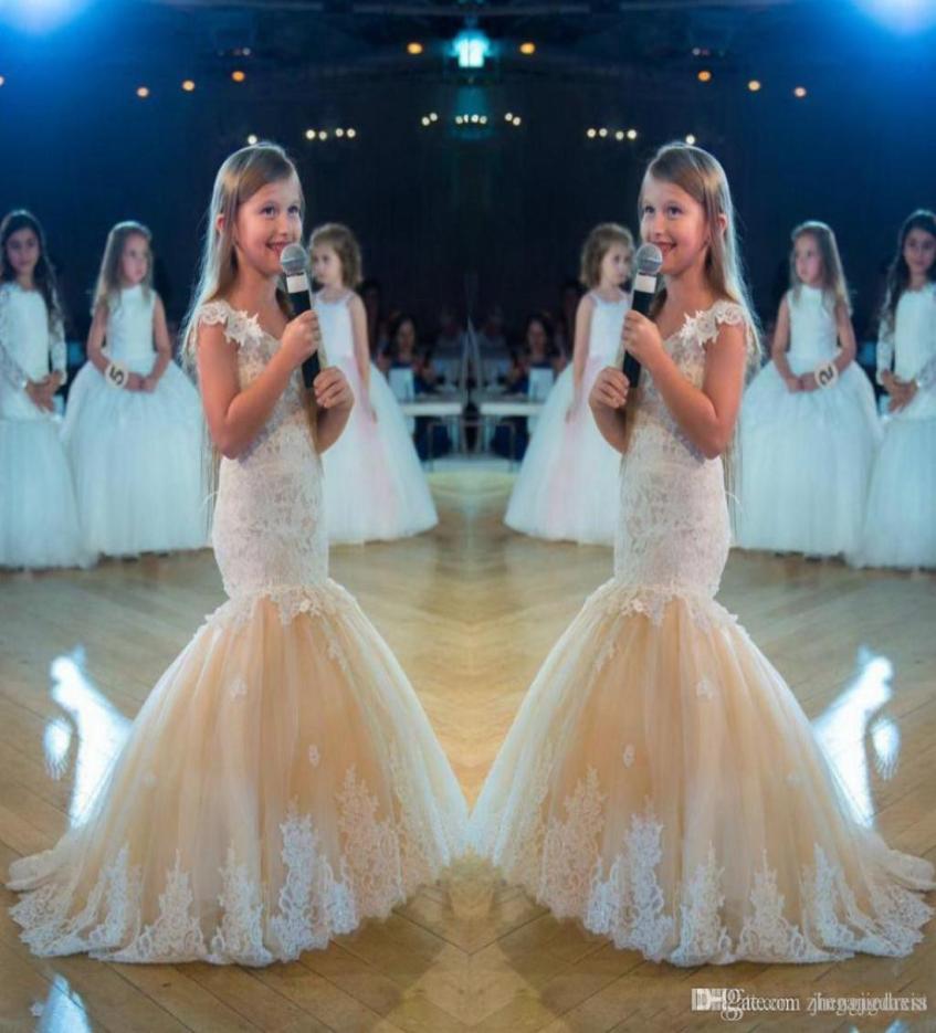 

Amazing Mermaid Flower Girl Dresses Sheer Neckline Capped Sleeves Vintage Lace Appliques Soft Tulle Skirt Little Bride Formal Gown4764682, Yellow