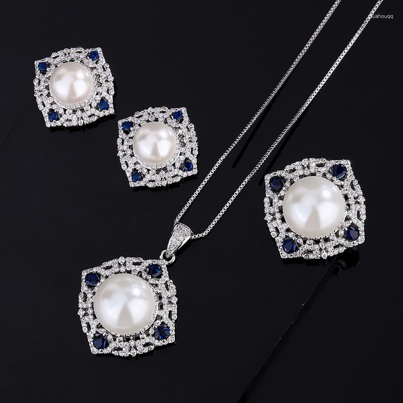 

Necklace Earrings Set EYIKA Vintage White Black Pearl Zircon Flower Pendant Blue Crystal CZ Ring Women Party Fine Jewelry, Picture shown