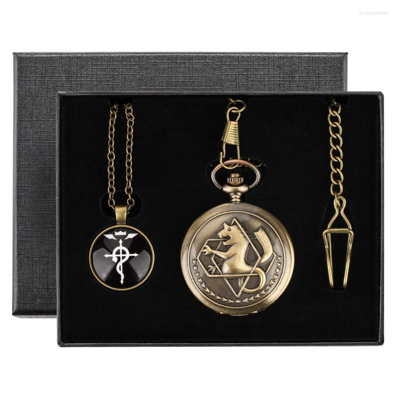 

Pocket Watches Bronze/Silver/Black Fullmetal Alchemist Series Watch Sets Men Women Quartz Clock Vintage Pendant Necklace Gifts, Set 0006