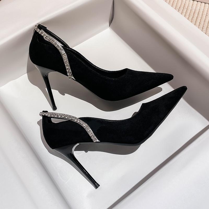 

Dress Shoes Maogu Crystal Thin Heel Pumps Women 2023 Spring Slip-On Flock High Heels Fahison Woman Pointed Toe Rhinestone Party Shoe, Black
