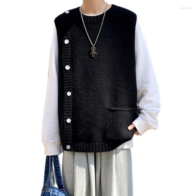 

Men's Vests VERSMA Korean Vintage Plain Crewneck Vest Waistcoat For Men Tank Top Black Knitted Sleeveless Women Cropped Sweater With Buttons