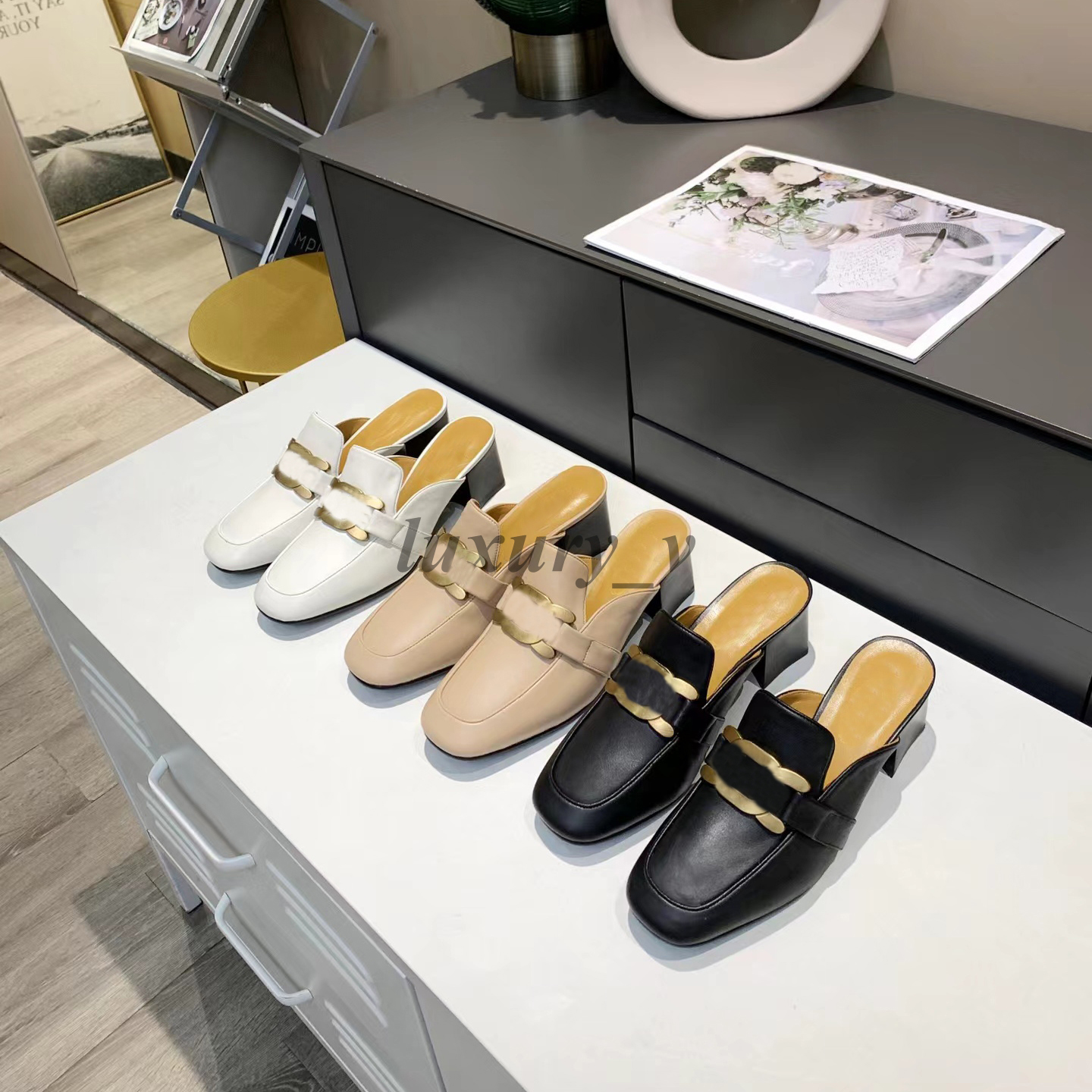 

Designer Women Slippers Leather Mules Fashion Buckle Loafers Metal Chain Comfortable Casual Shoes Leather Dress Shoes Chunky High Heels, Color9