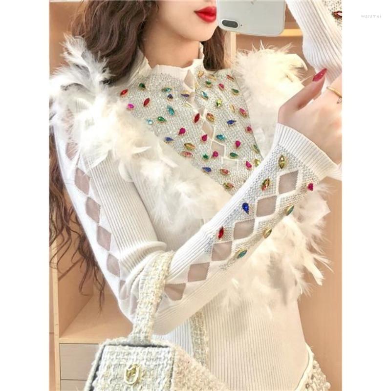 

Women' Sweaters Fall Women Drilling Diamonds Beaded Knitted Bottoming Shirts Mesh Splicing Hollow Sweater 3D Feather Pullovers Knitwear, White