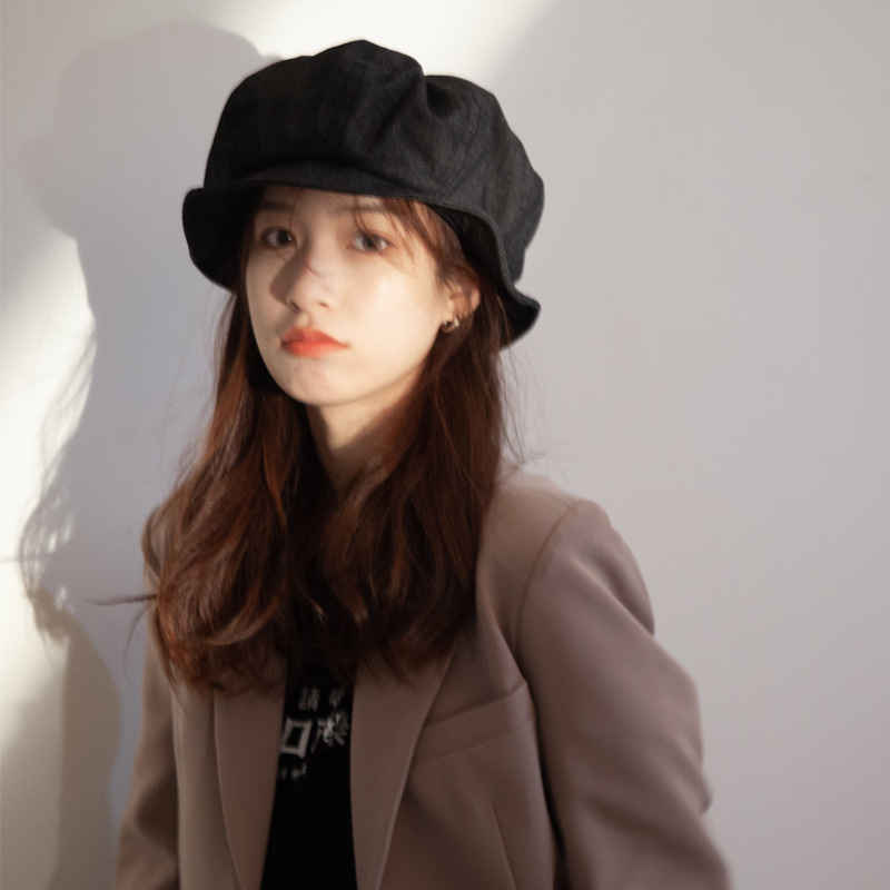 

Sun Protection UV Black Bucket Hat INS Female Spring Summer Wild Face-lift Irregular Shape Of Clouds Denim Beret Painter Caps