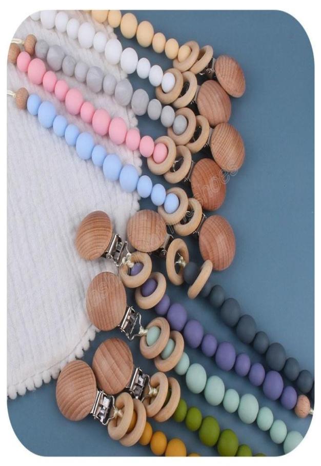 

10 colors Beech Wooden silicone Bead Pacifier Holders Newborn Pacifier Chains Clips Baby Teething Soother kids Chew Toys4685755