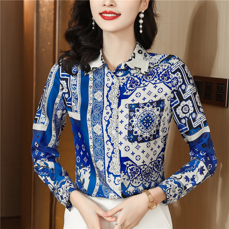 

2023 Graceful Print Satin Designer Blouses Women' Lapel Button Front Long Sleeve Runway Shirt Back to School Casual Tops Sweet Chic Formal Shirts Lady Plus Size, Deep blue